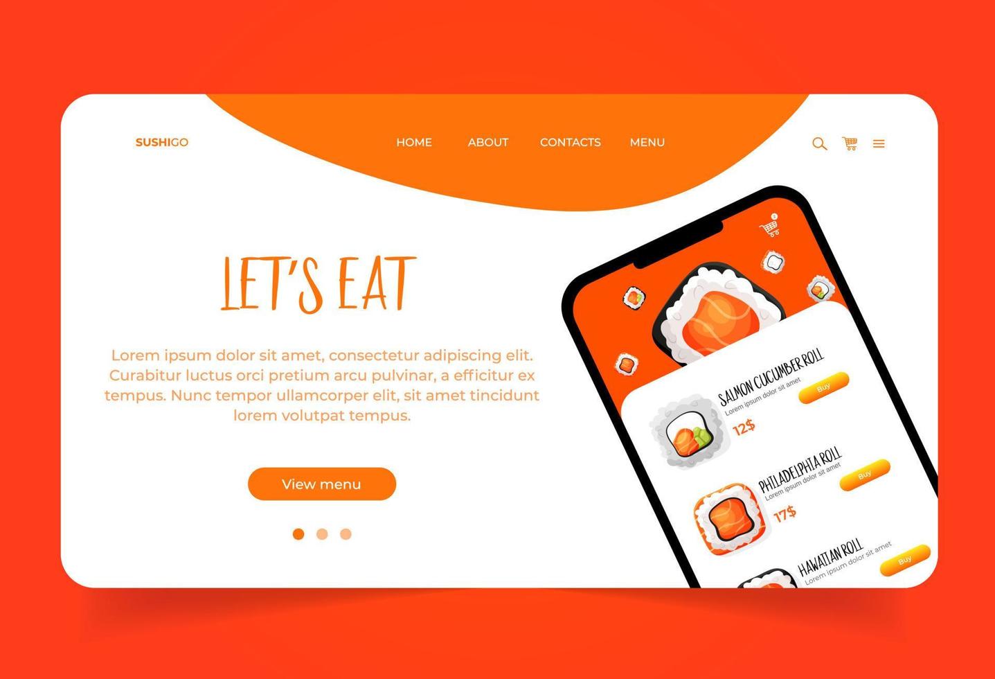 Landing page with phone prototype app with asian food. Web site with sushi for business company. vector