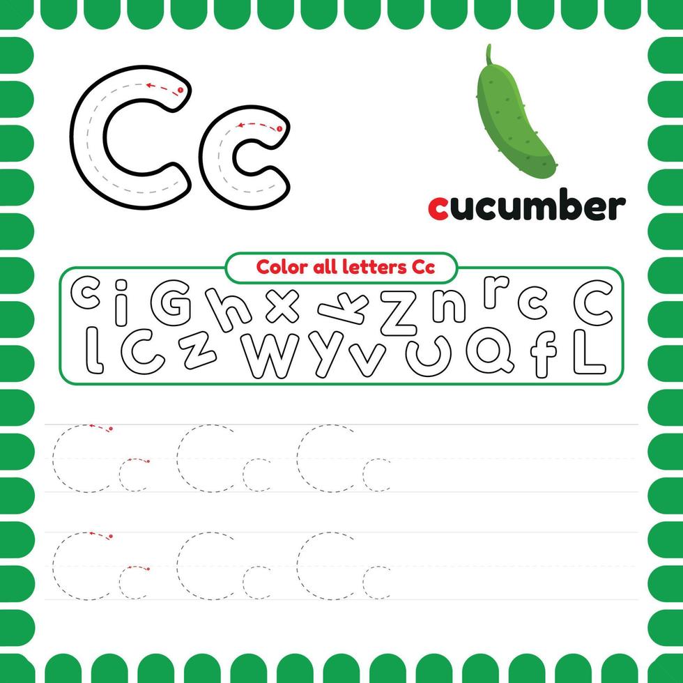 alfabeto rastreo hoja de cálculo con letras. escritura práctica letra C. vector
