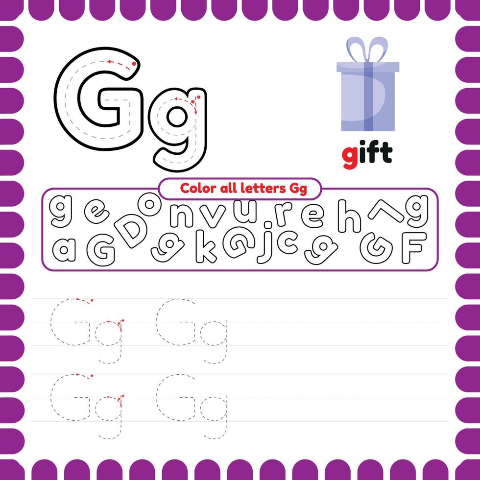 Alphabet Tracing Worksheet with letters. Writing practice letter G. vector
