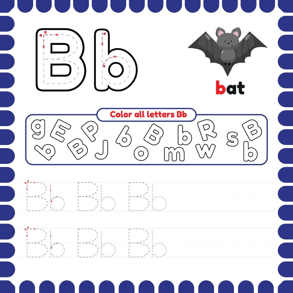 Alphabet Tracing Worksheet with letters. Writing practice letter B. vector