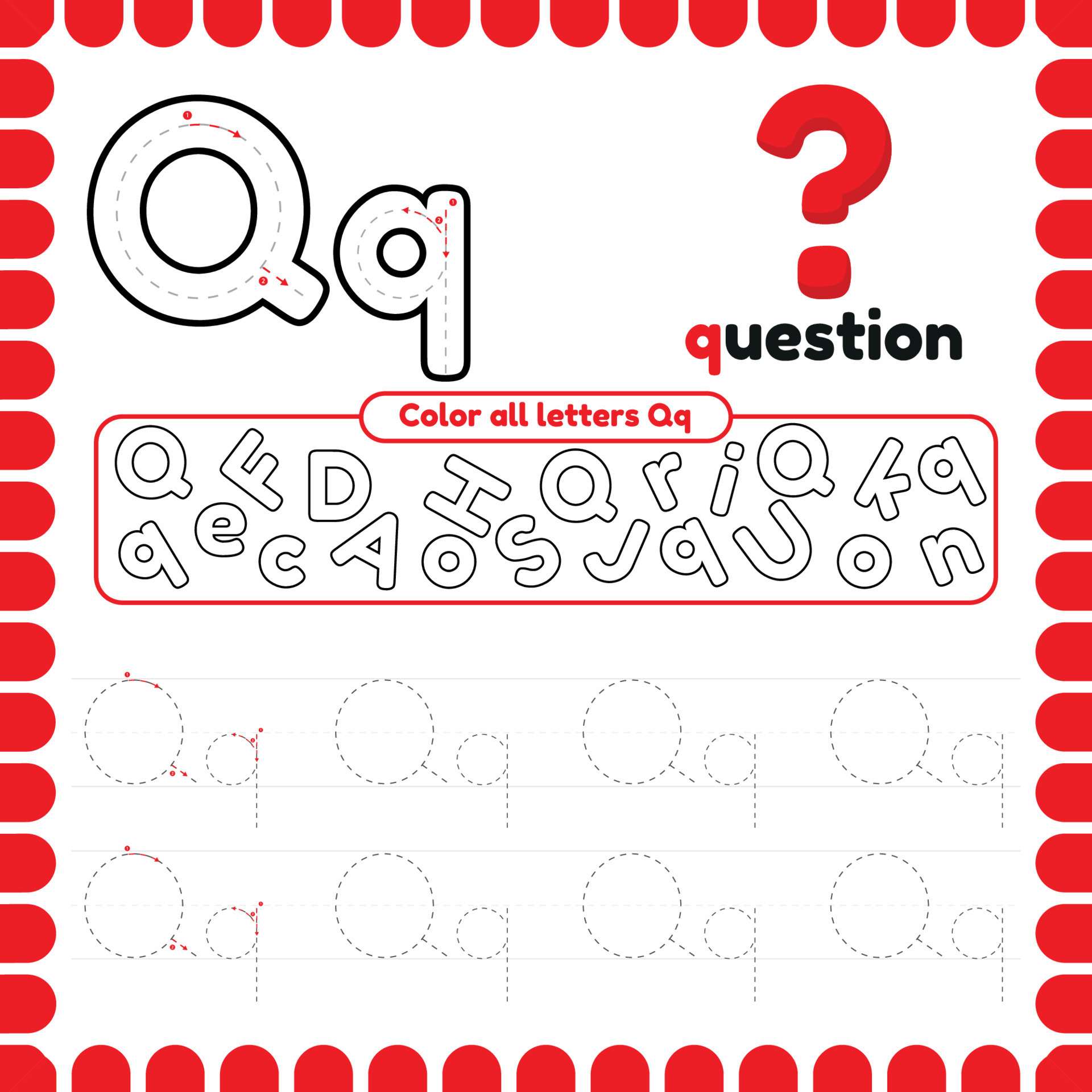 Alphabet Tracing Worksheet with letters. Writing practice letter Q