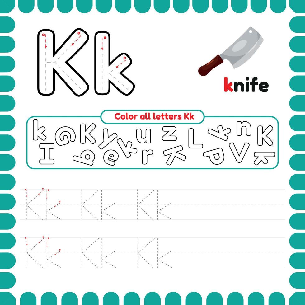 Alphabet Tracing Worksheet with letters. Writing practice letter K. vector