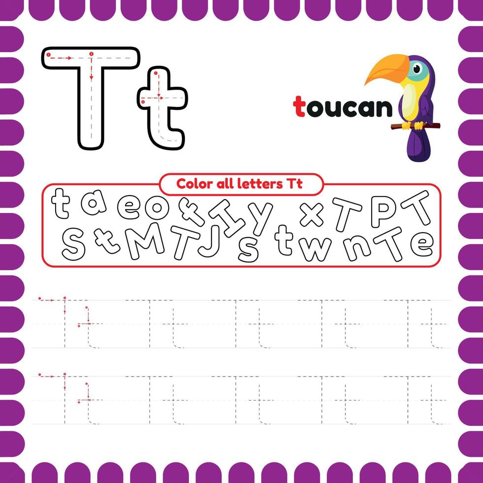 Alphabet Tracing Worksheet with letters. Writing practice letter T. vector