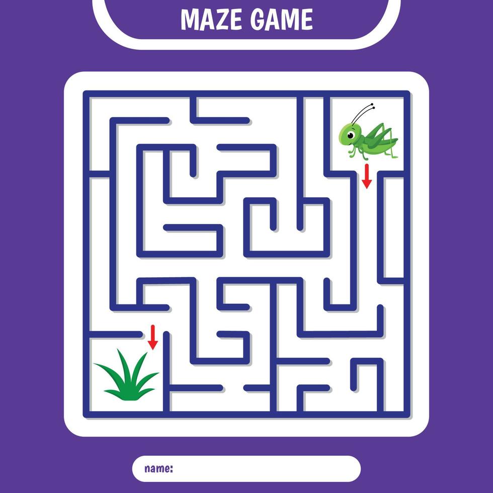 Square Maze for kids. Help grasshopper find the grass. Simple logic labyrinth game vector