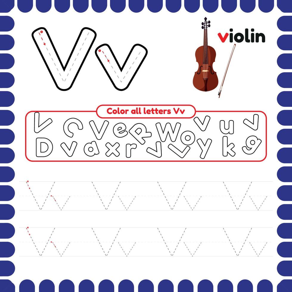 Alphabet Tracing Worksheet with letters. Writing practice letter V. vector