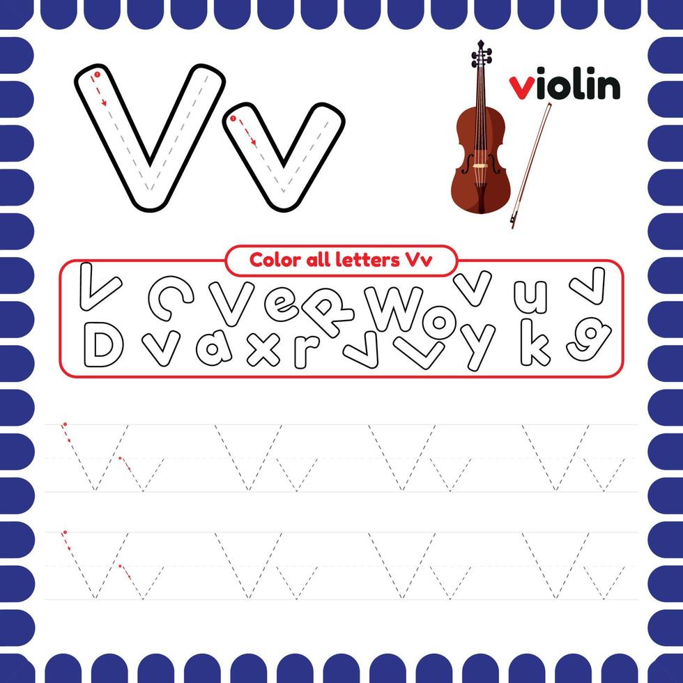 alfabeto rastreo hoja de cálculo con letras. escritura práctica letra v. vector