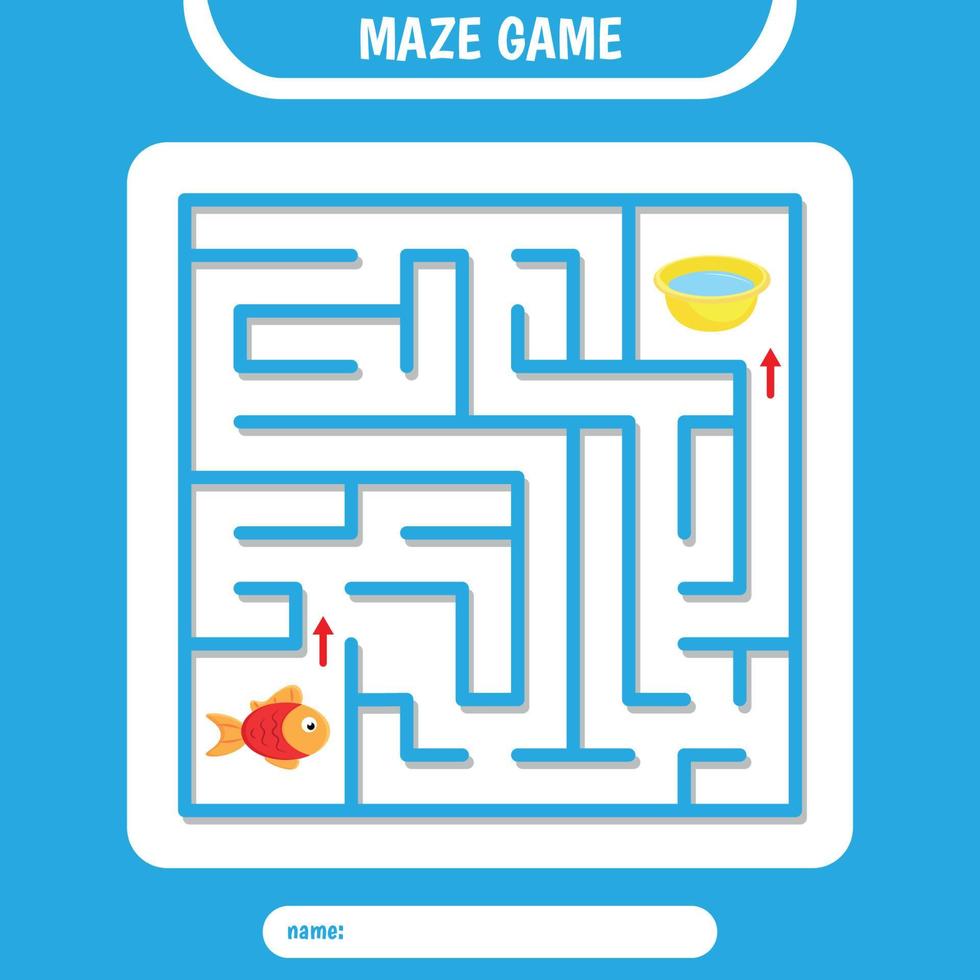 Square Maze for kids. Help fish find water. Simple logic labyrinth vector