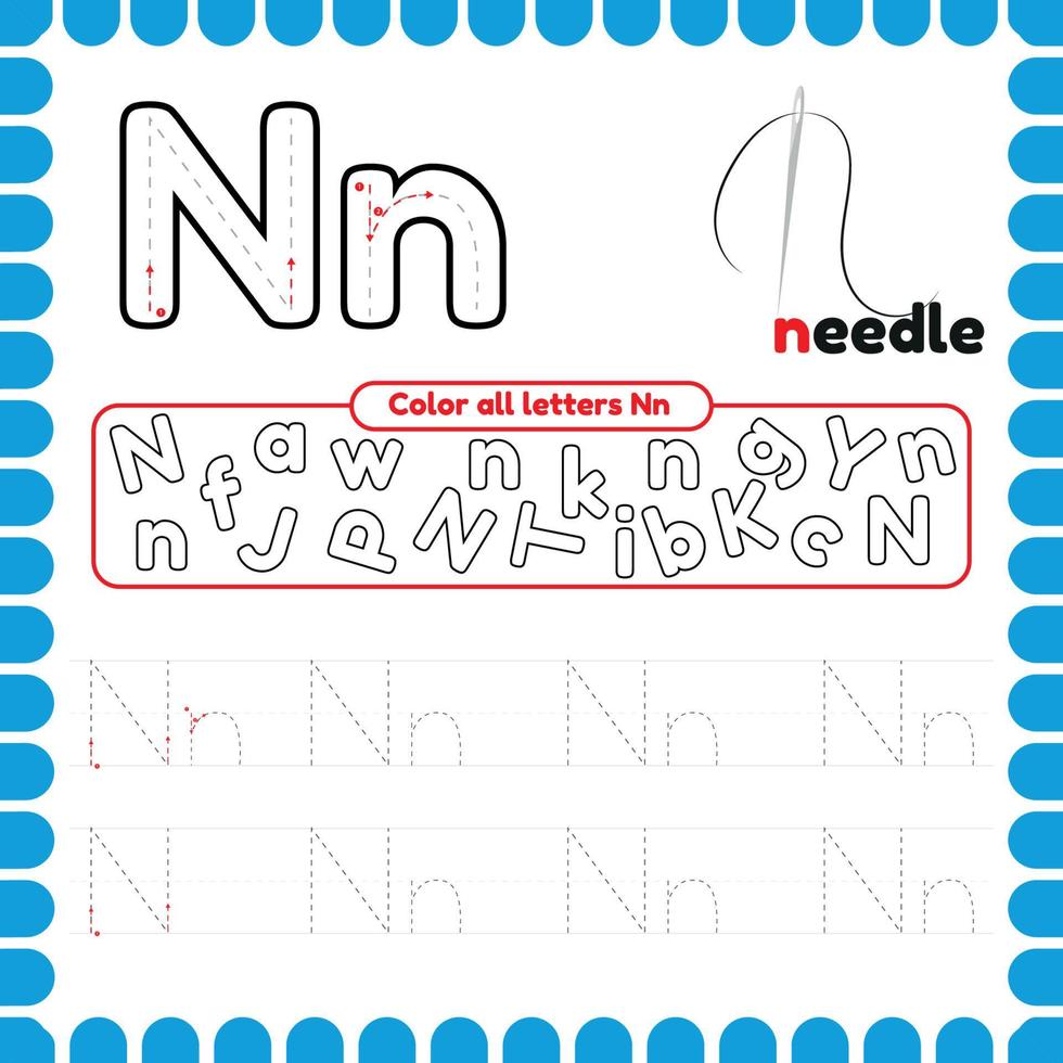 Alphabet Tracing Worksheet with letters. Writing practice letter N. vector