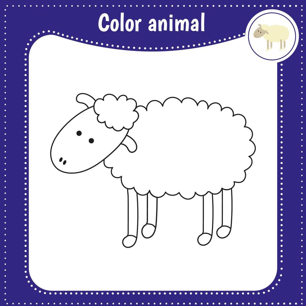 Cute cartoon animal - coloring page for kids. Educational Game for Kids. Vector illustration. Color sheep