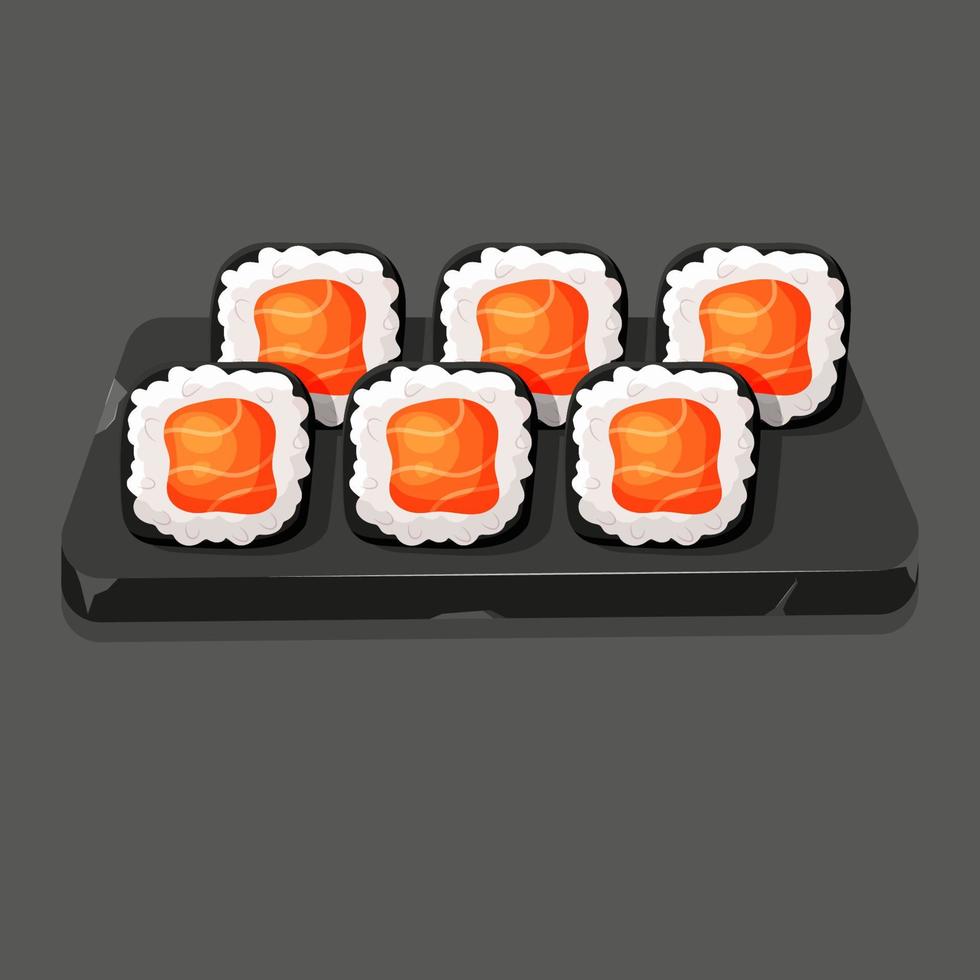 Broken Stone plate with set of sushi rolls with nori, salmon. Asian food cartoon vector
