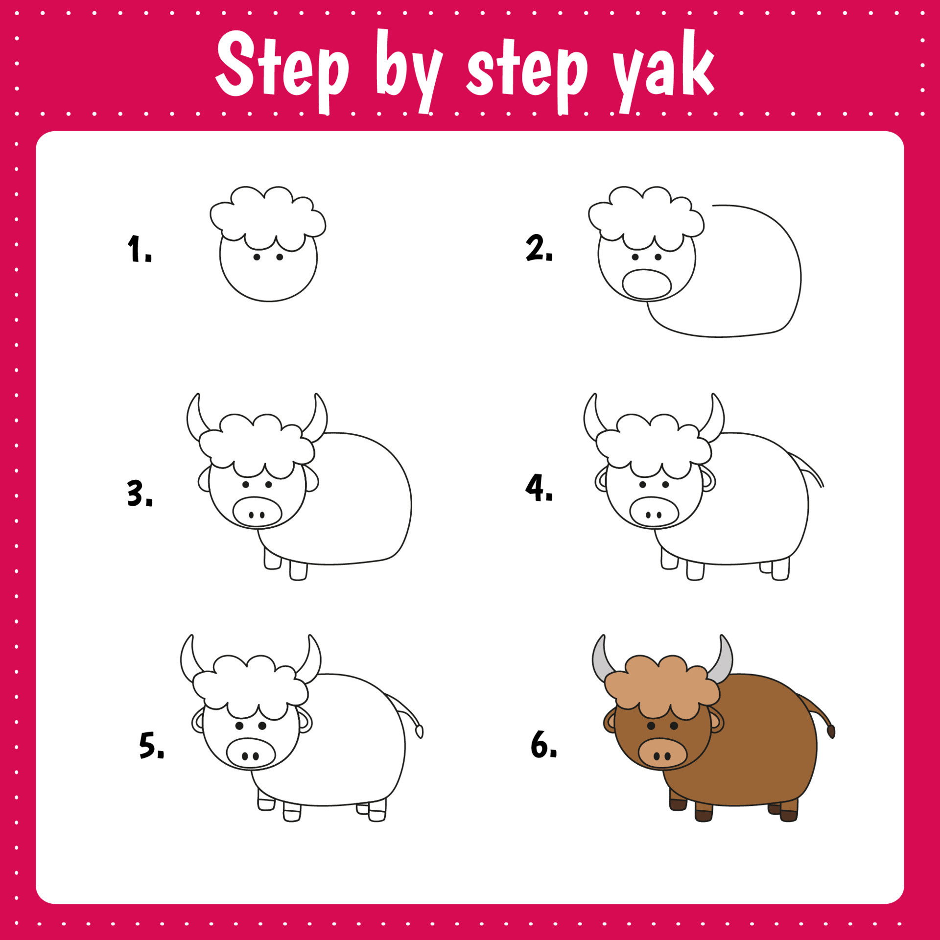 Drawing lesson for children. How draw a yak. Drawing tutorial for kids