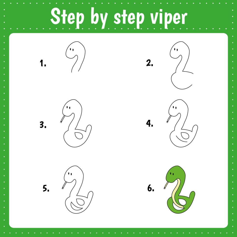 Drawing lesson for children. How draw a viper. Drawing tutorial for kids. Step by step repeats the picture. Kids activity art page for book. Vector illustration.