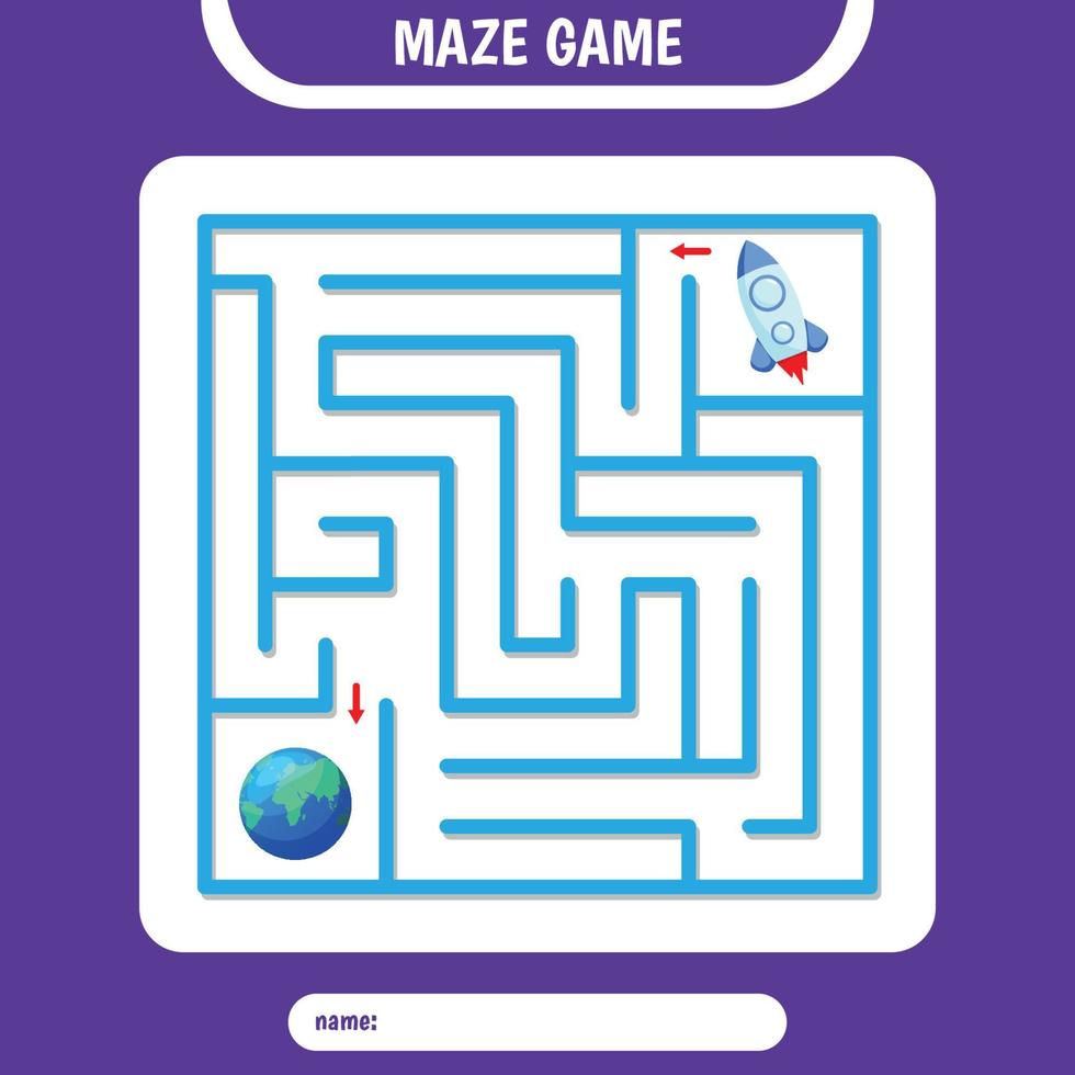 Square Maze for kids. Help rocket fly to earth. Simple logic labyrinth game vector