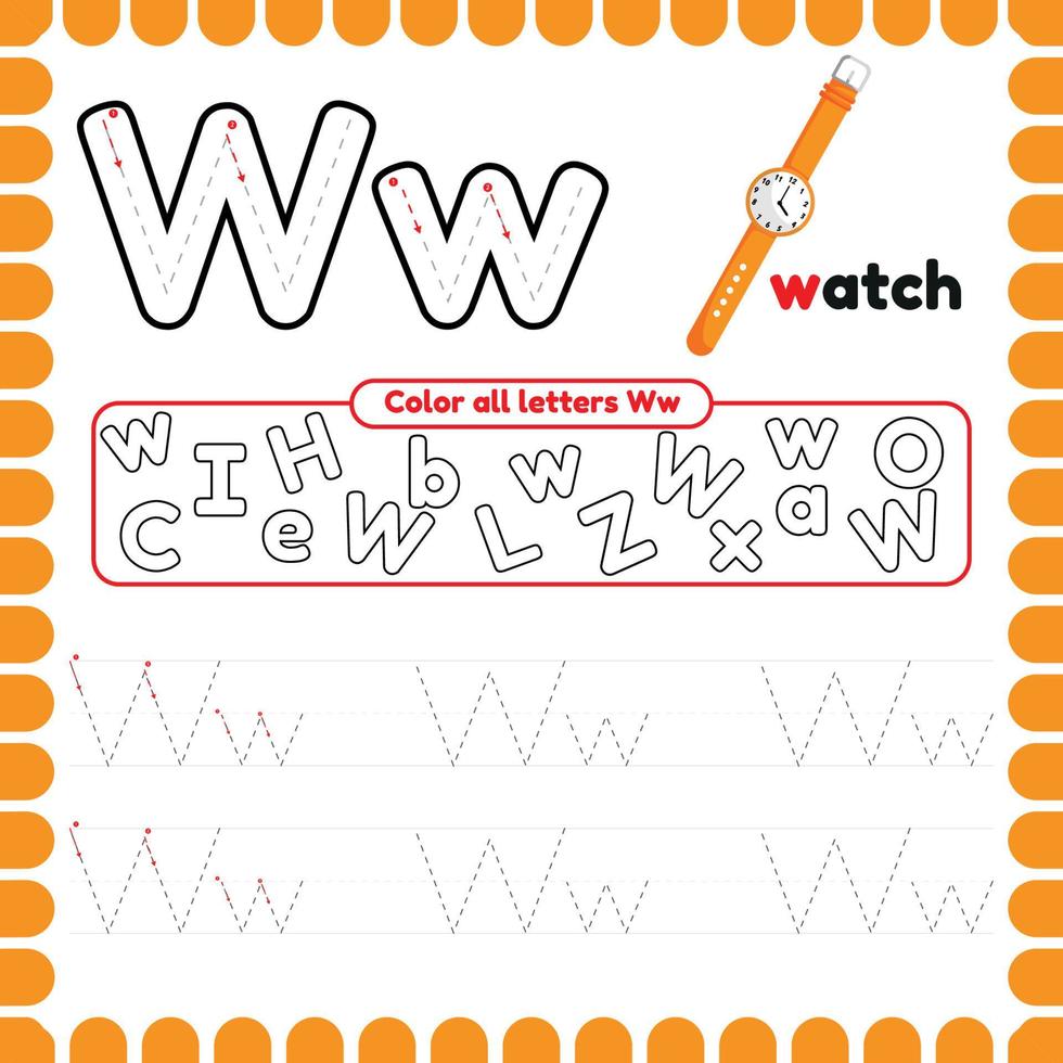 Alphabet Tracing Worksheet with letters. Writing practice letter W. vector