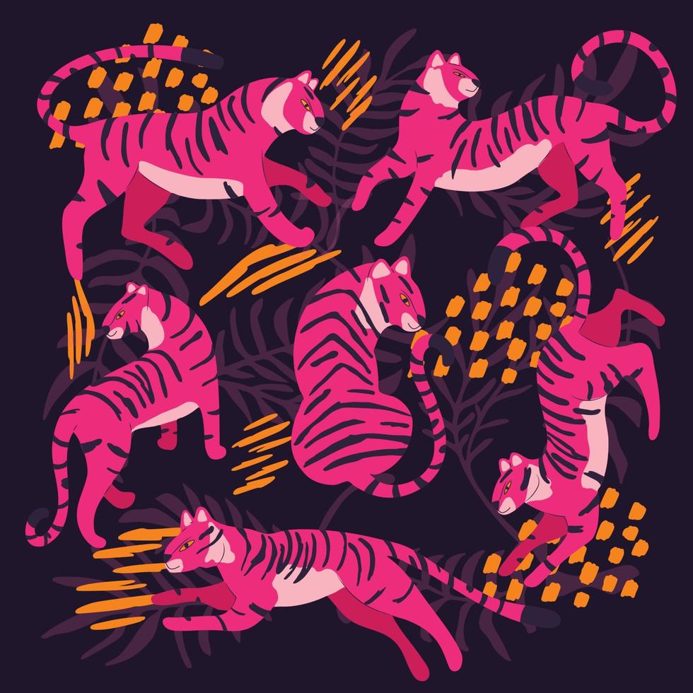 Collection of cute hand drawn bright pink tigers on purple background, standing, sitting, running and walking with exotic plants and abstract elements. Colorful vector illustration