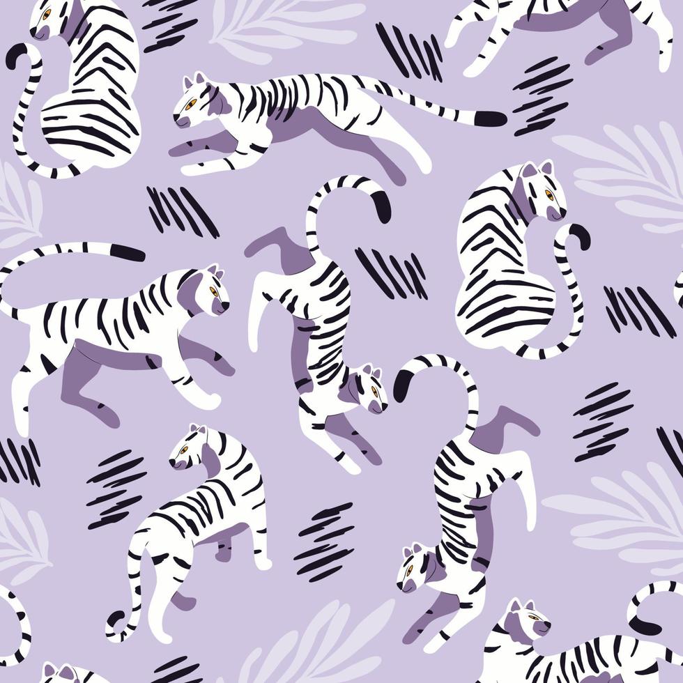 Seamless pattern with hand drawn exotic big cat white tiger, with tropical plants and abstract elements on light purple background. Colorful flat vector illustration