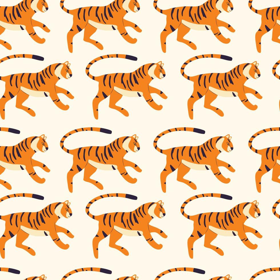 Seamless pattern with hand drawn exotic big cat tiger, on cream background. Colorful flat vector illustration