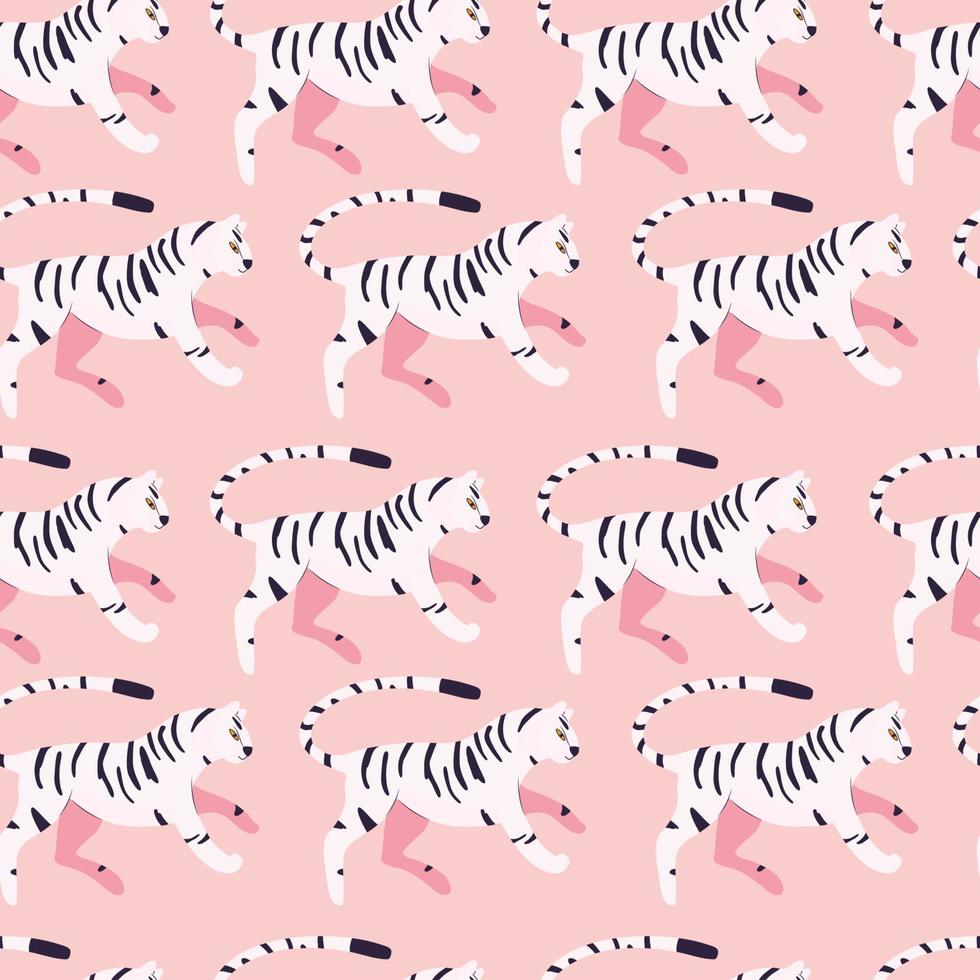 Seamless pattern with hand drawn exotic big cat white tiger, on bright pink background. Colorful flat vector illustration