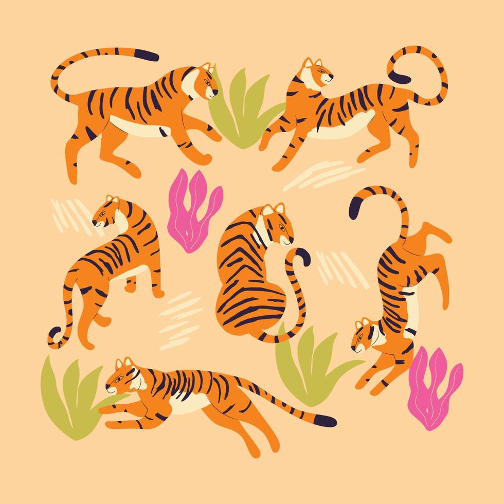 colección de linda mano dibujado tigres en ligero marrón fondo, de pie, sesión, corriendo y caminando con exótico plantas y resumen elementos. vistoso vector ilustración