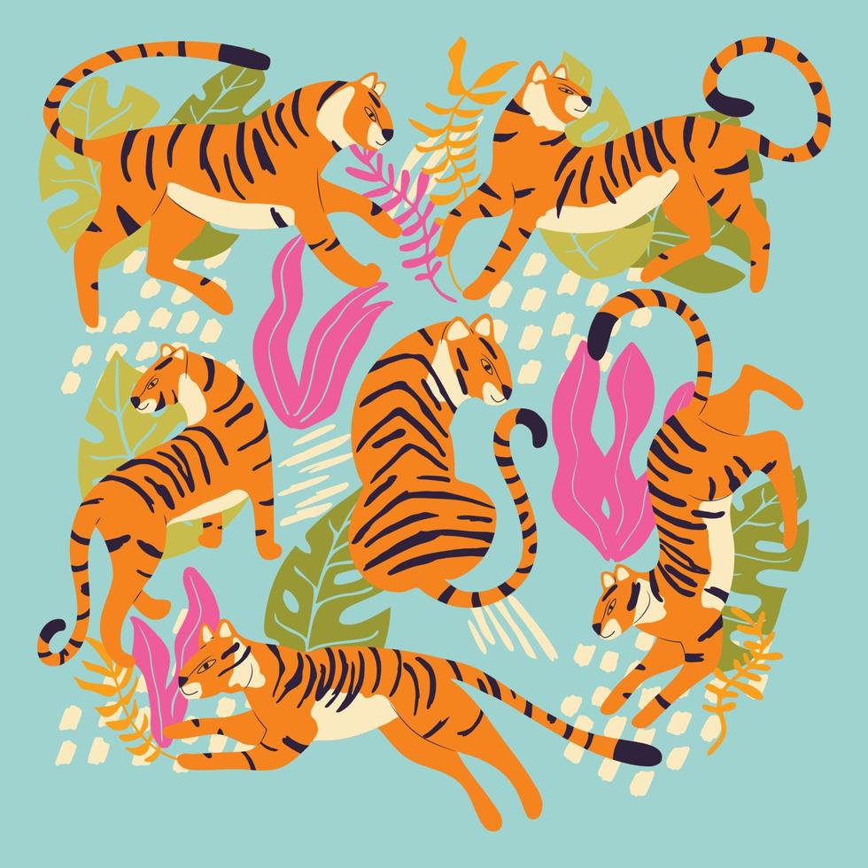 Collection of cute hand drawn tigers on bright blue background, standing, sitting, running and walking with exotic plants and abstract elements. Colorful vector illustration