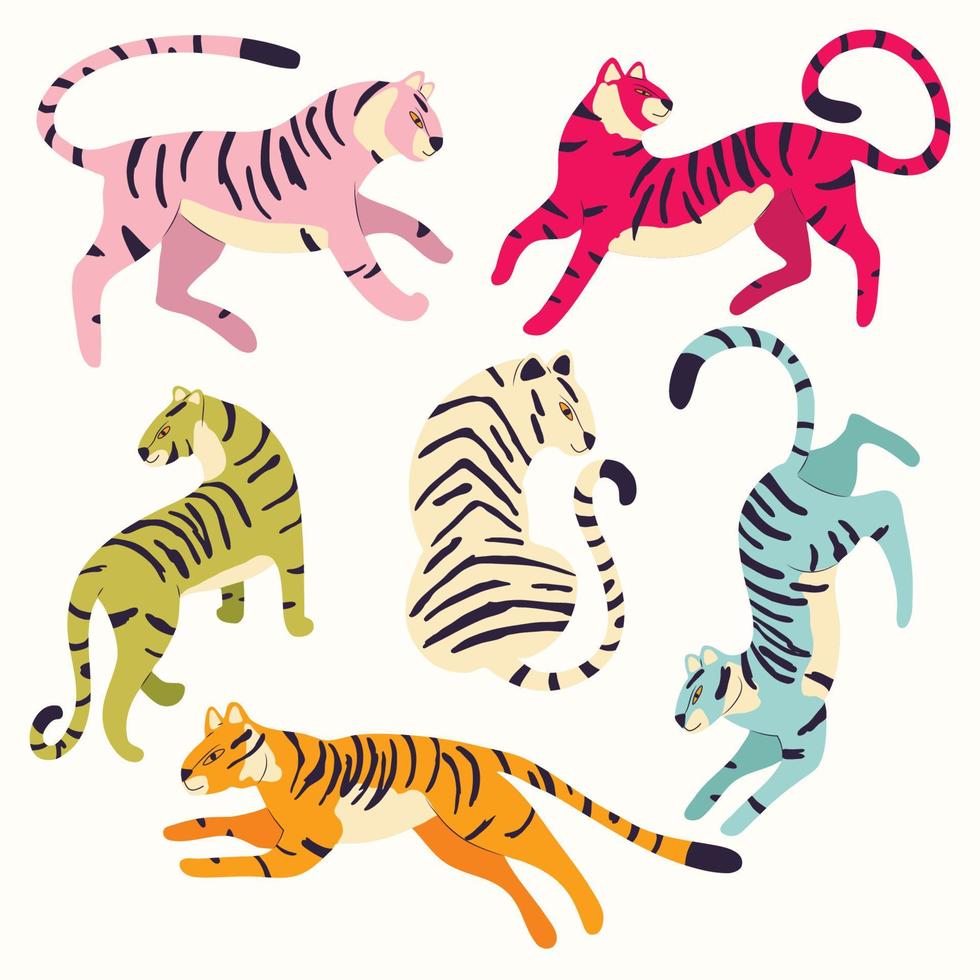 Collection of cute hand drawn tigers in different vibrant colors on white background, standing, sitting, running and walking. Colorful vector illustration