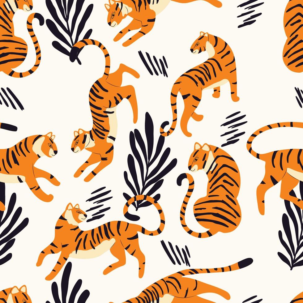 Seamless pattern with hand drawn exotic big cat tiger, with tropical plants and abstract elements on cream background. Colorful flat vector illustration