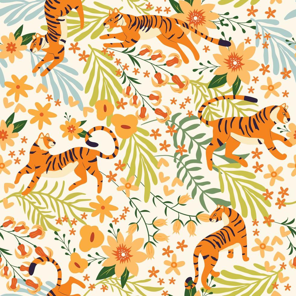 Seamless pattern with hand drawn exotic big cat tiger, with tropical plants, flowers and abstract elements on white background. Colorful flat vector illustration