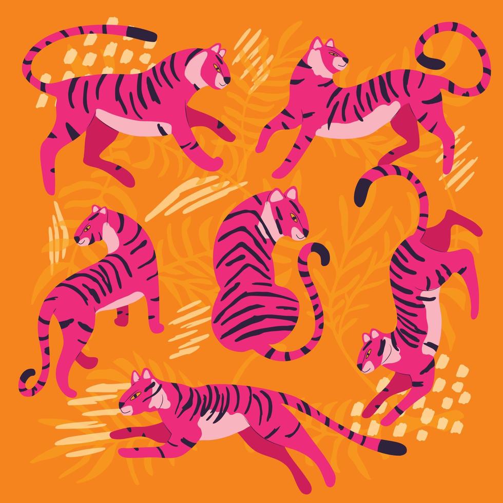 Collection of cute hand drawn bright pink tigers on orange background, standing, sitting, running and walking with exotic plants and abstract elements. Colorful vector illustration