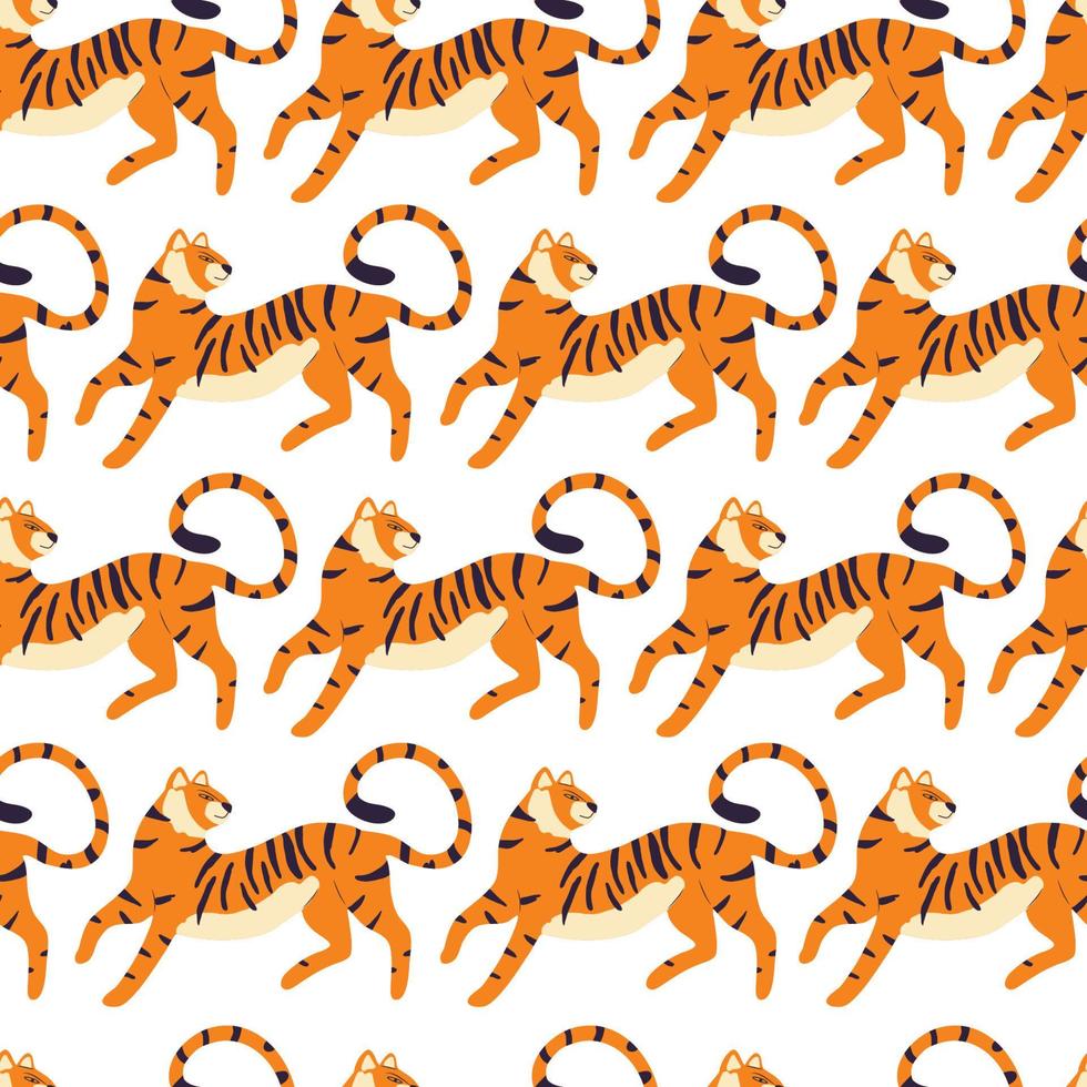 Seamless pattern with hand drawn exotic big cat tiger, on cream background. Colorful flat vector illustration