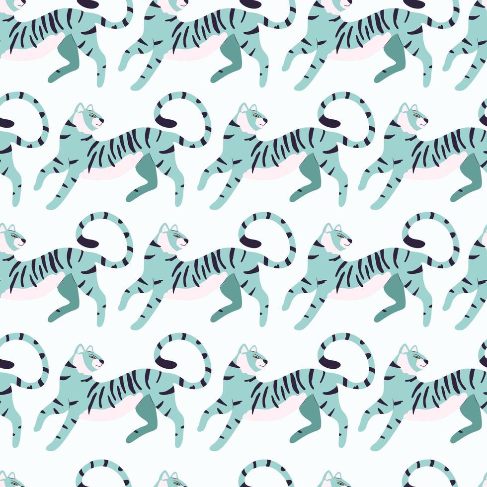 Seamless pattern with hand drawn exotic big cat tiger, in light blue, on cream background. Colorful flat vector illustration