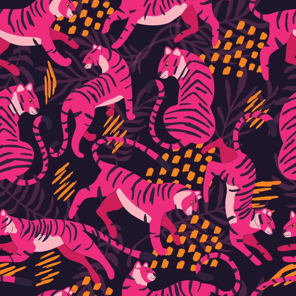 Seamless pattern with hand drawn exotic big cat tiger, in bright pink, with tropical plants and abstract elements on purple background. Colorful flat vector illustration