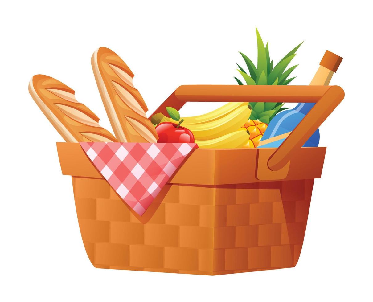 mimbre picnic cesta con cobija lleno de productos vector ilustración