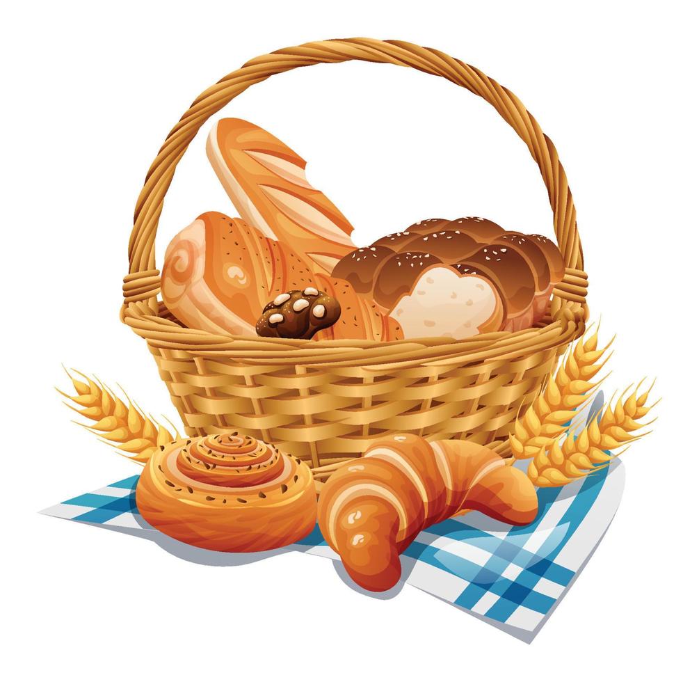 Wicker basket with bakery vector illustration. Basket with wheat and fresh bread isolated on white background