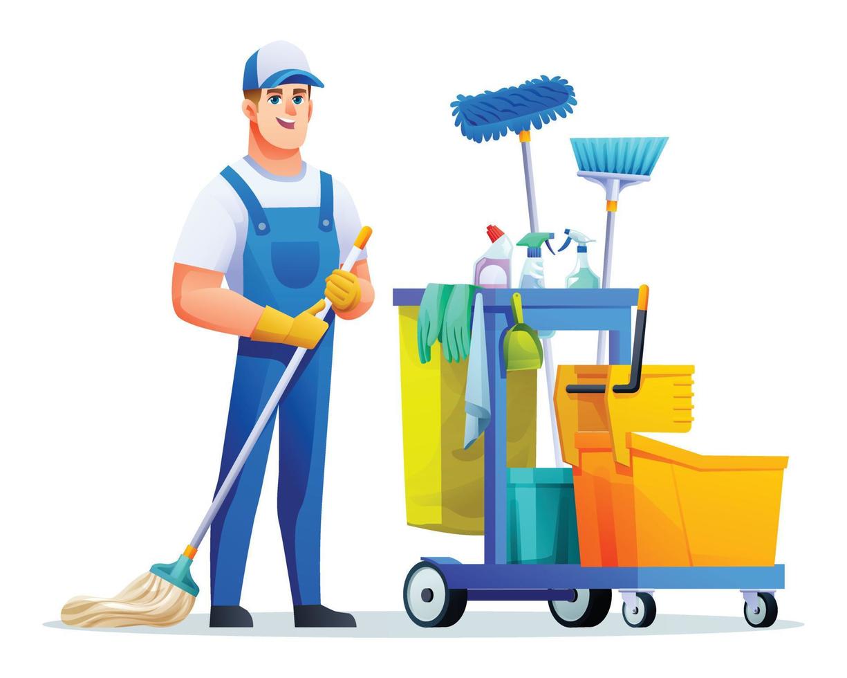 Cheerful cleaning man with mop and cleaning equipment. Male janitor cartoon character vector