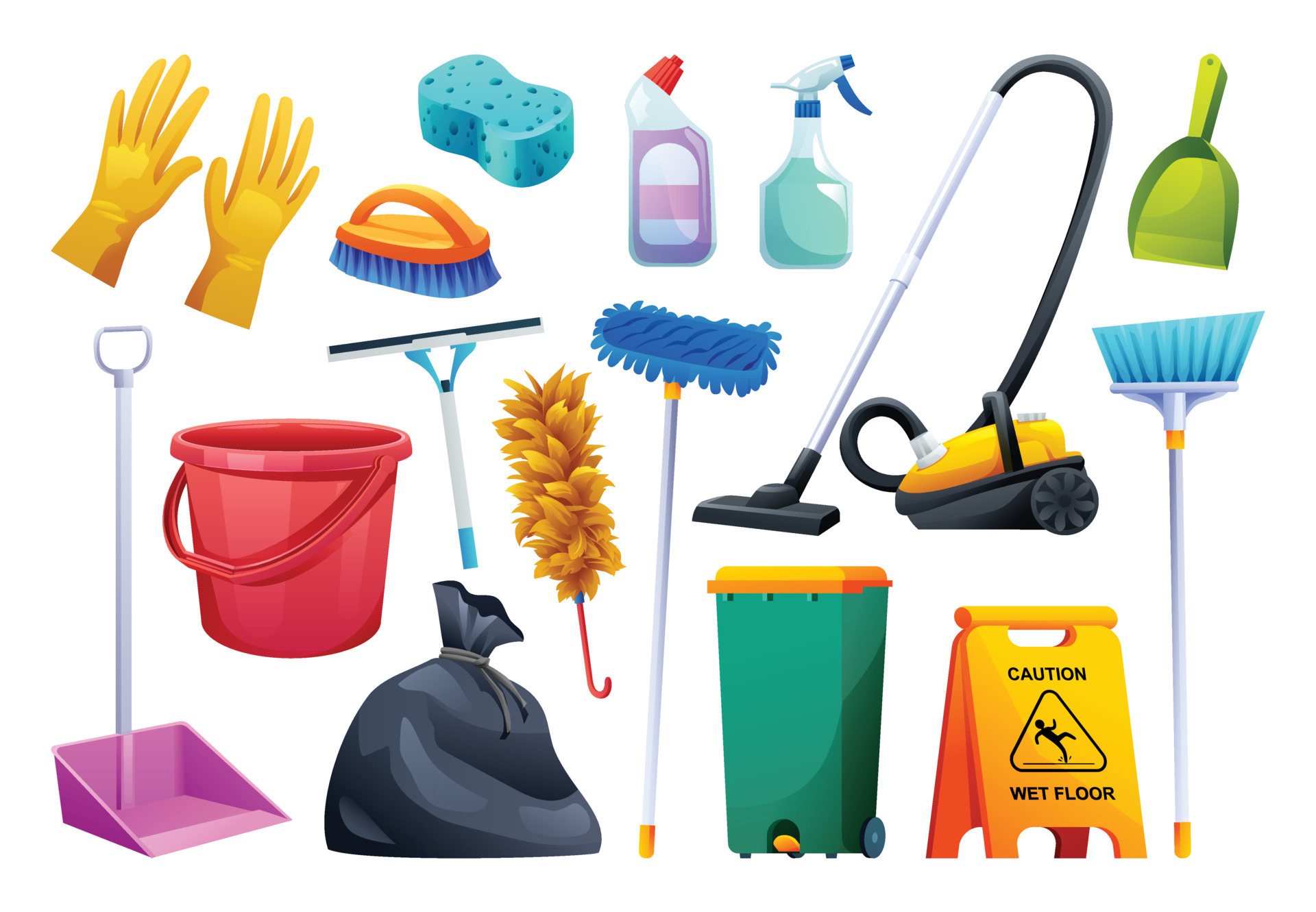 Set of cleaning equipment. Household cleaning service tools vector  illustration 21488635 Vector Art at Vecteezy