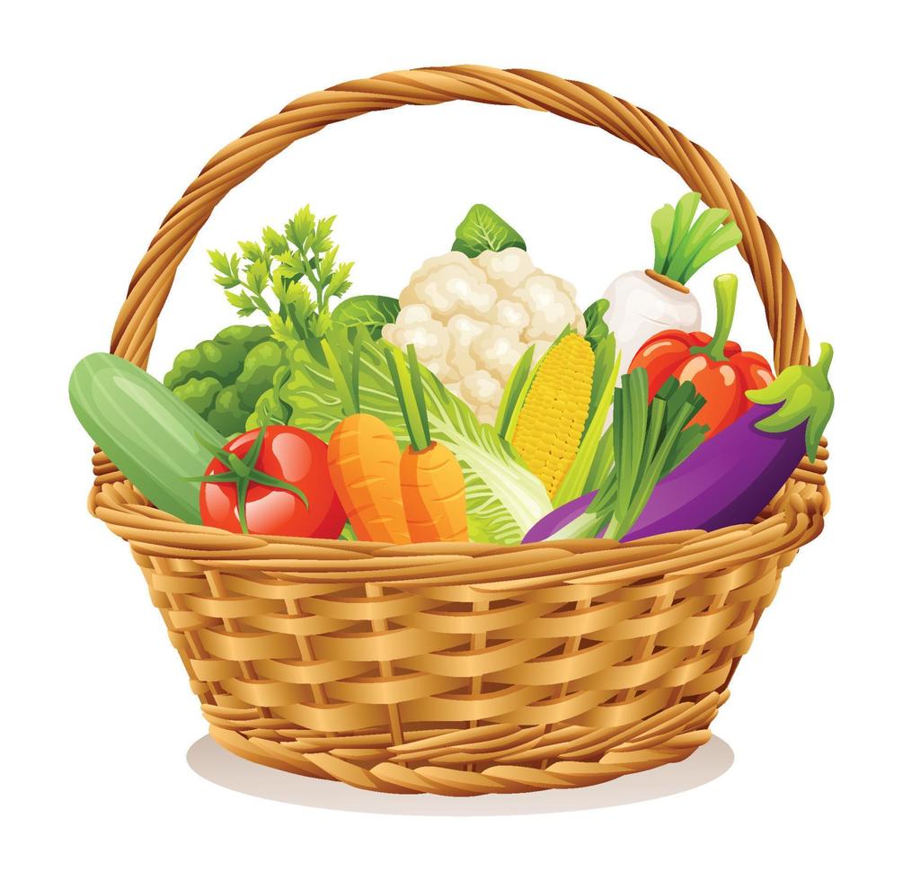 Wicker basket with vegetables isolated on white background. Vector illustration