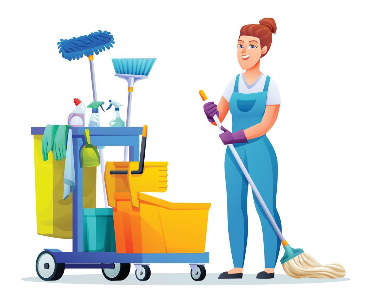 Cheerful cleaning woman with mop and cleaning equipment. Female janitor cartoon character vector