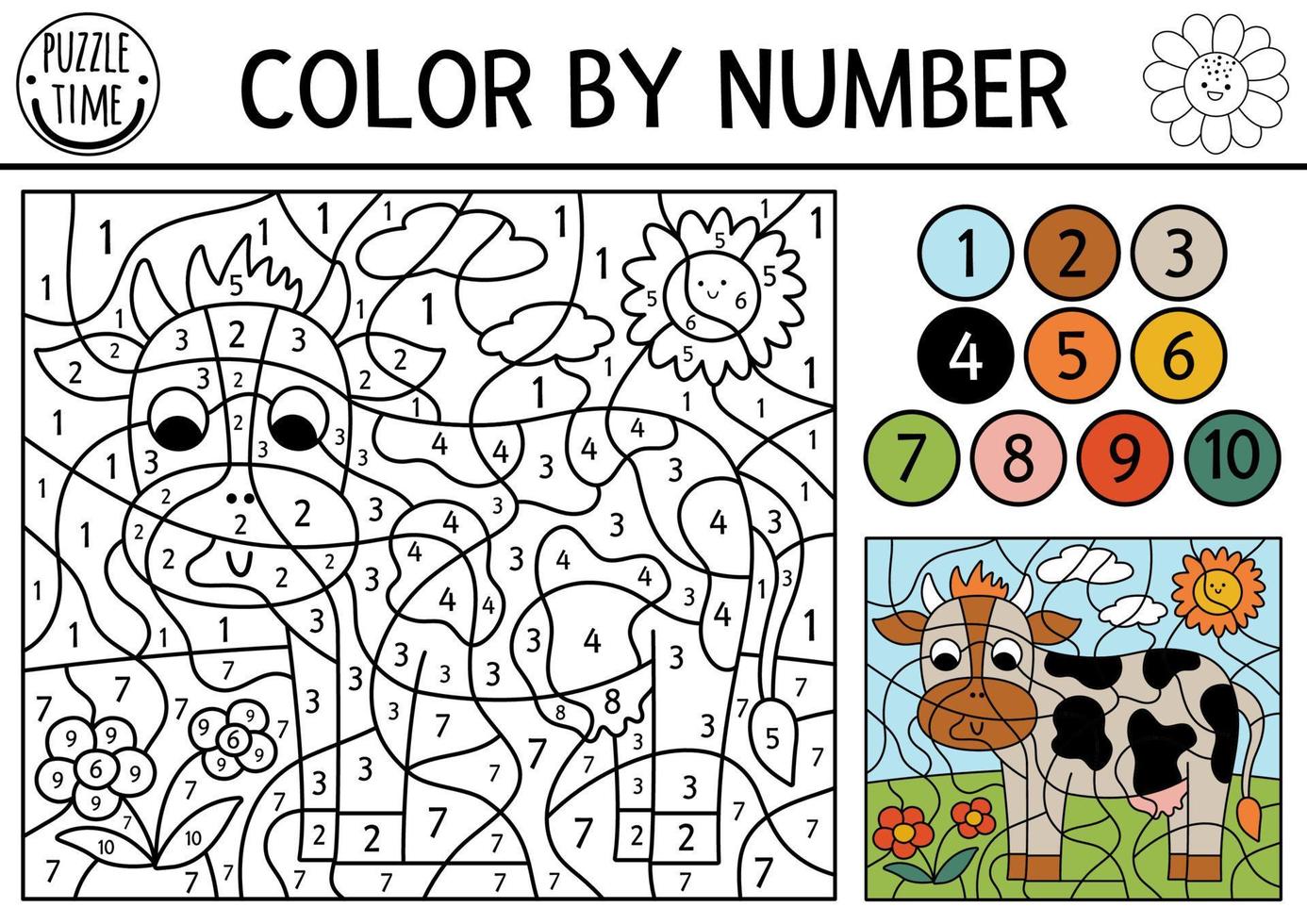 Vector on the farm color by number activity with cow in the meadow. Rural country scene black and white counting game with farm animal. Coloring page for kids with countryside scene