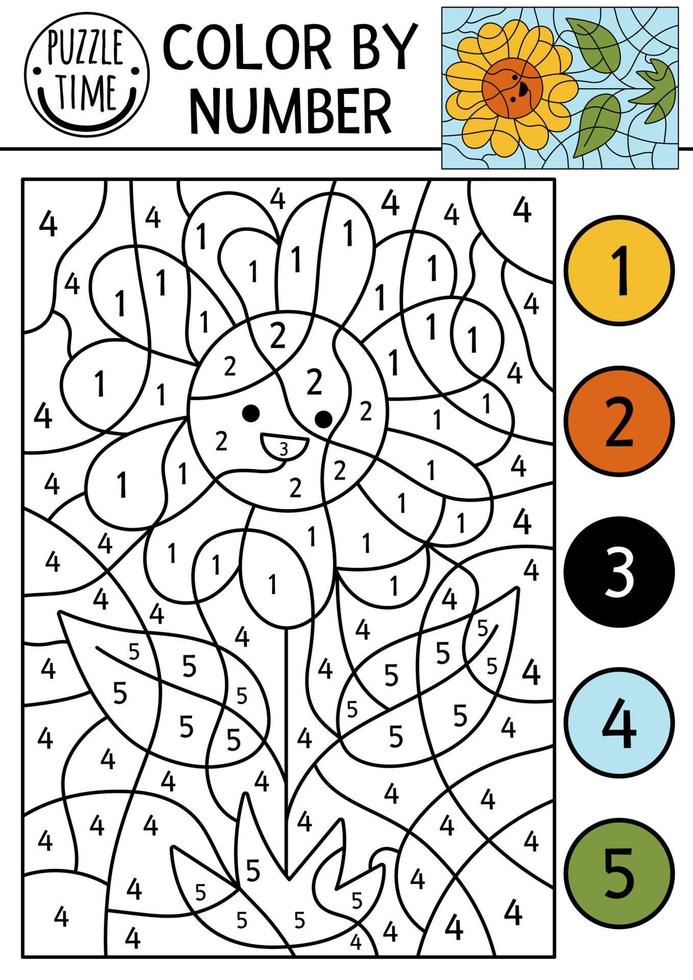 Vector on the farm color by number activity with sundlower. Rural country scene black and white counting game with cute yellow sun flower. Coloring page for kids with countryside scene