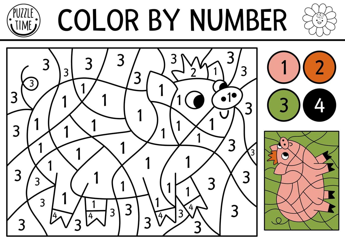 Vector on the farm color by number activity with pig. Rural country scene black and white counting game with farm animal. Funny simple coloring page for kids with countryside scene