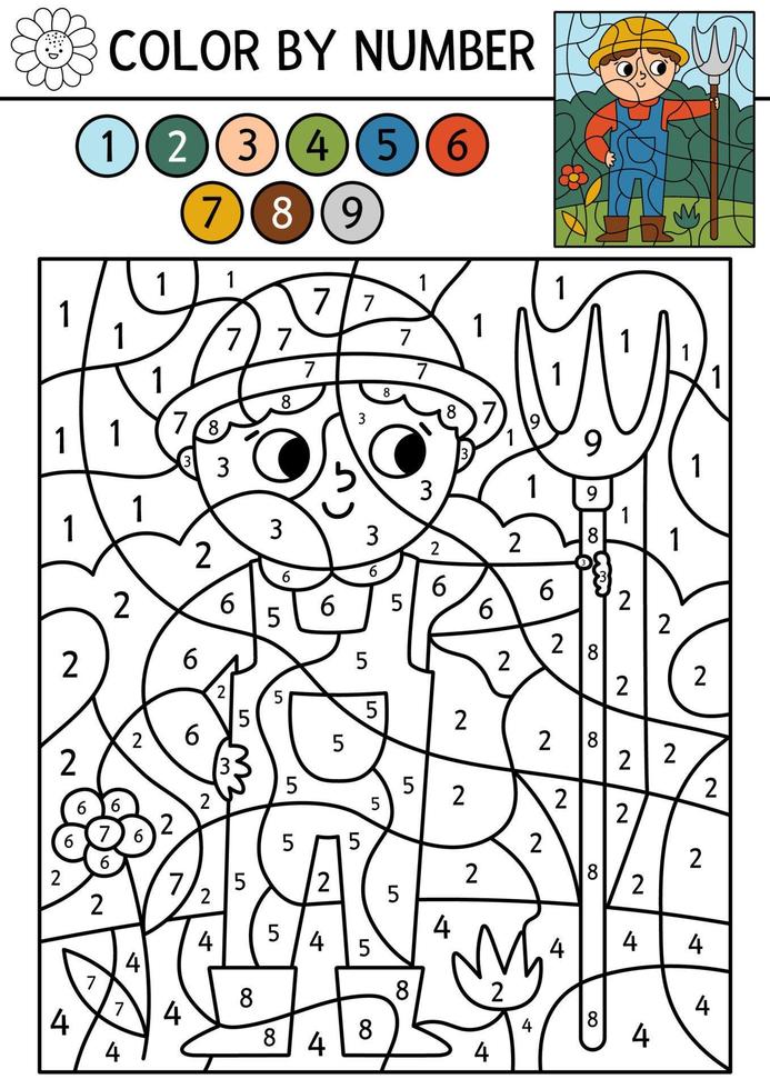 Vector on the farm color by number activity with farmer in the meadow. Rural country scene black and white counting game with farm worker. Coloring page for kids with countryside scene