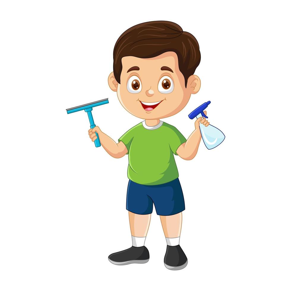 Vector cartoon little boy holding spray and squeegee