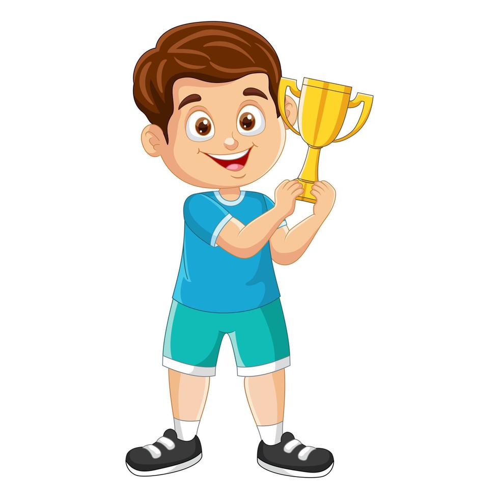 Vector cartoon little boy holding gold trophy