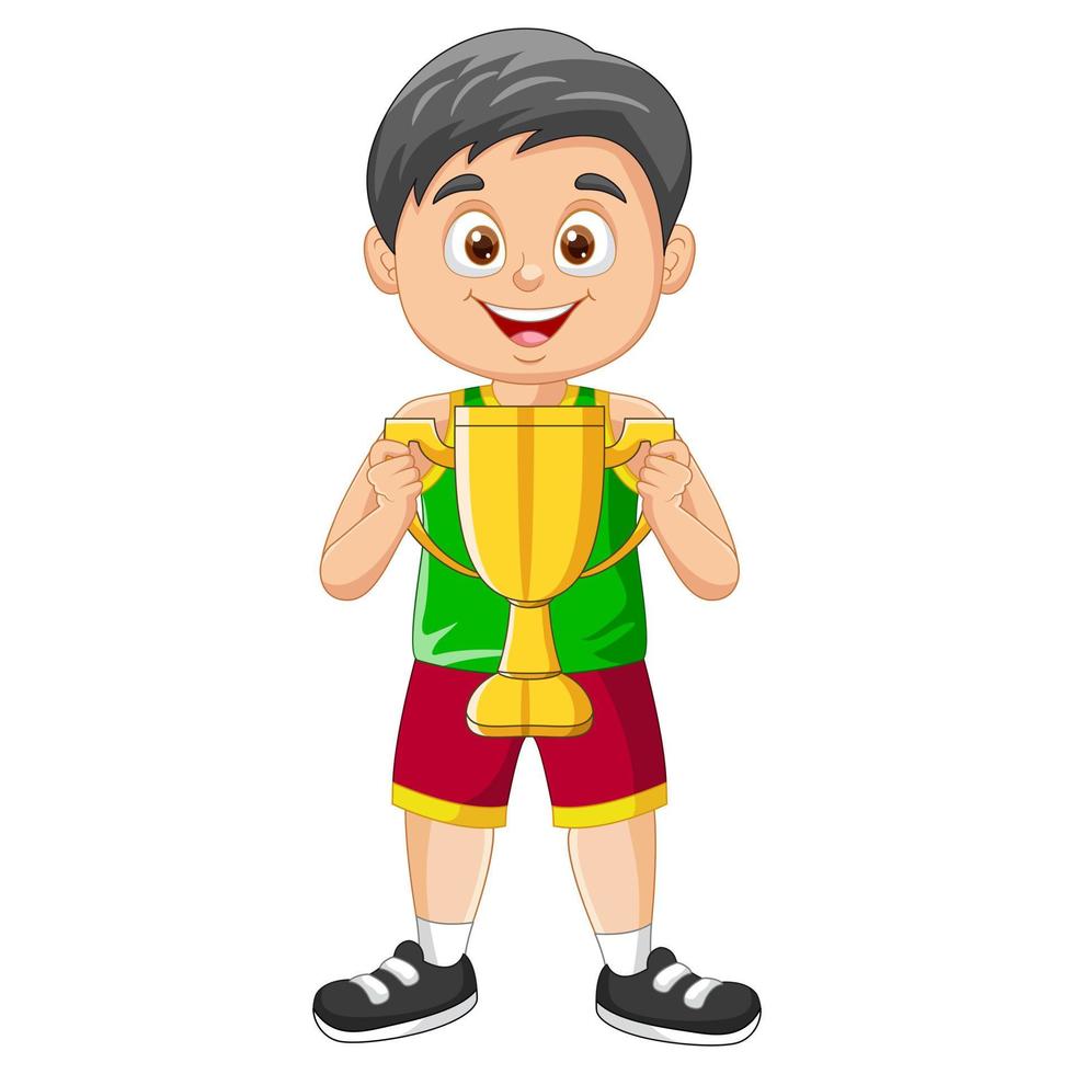 Vector cartoon little boy holding gold trophy