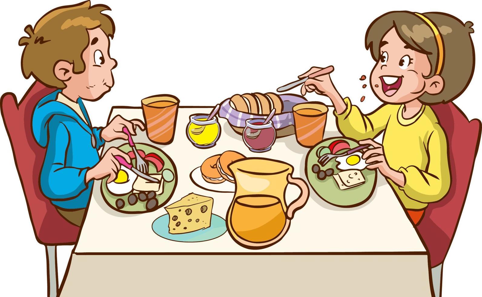 niños felices desayunando solos. concepto de nutrición infantil. ilustración vectorial de dibujos animados vector