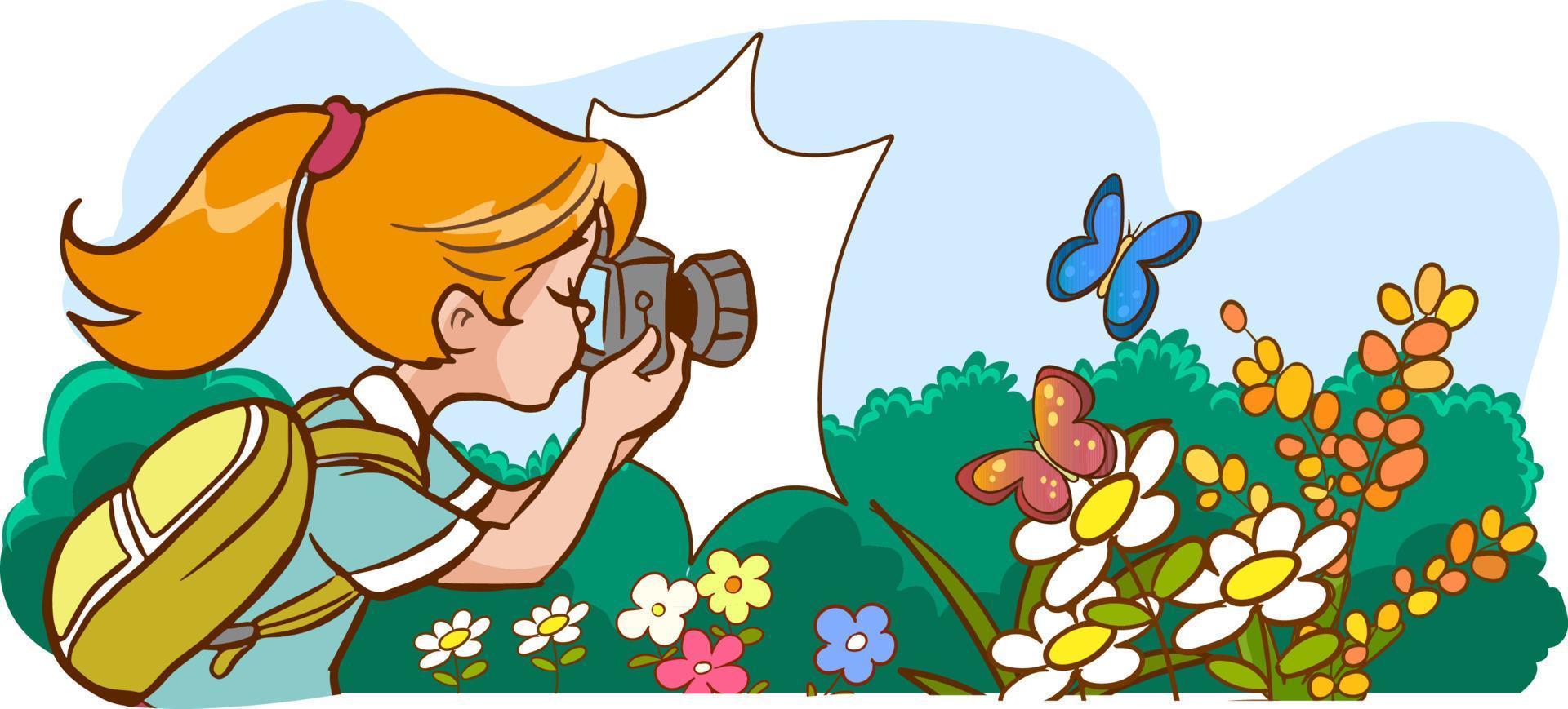 fotógrafo joven niña y mariposa dibujos animados vector