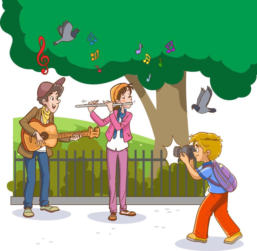 photographer young boy and street musicians vector