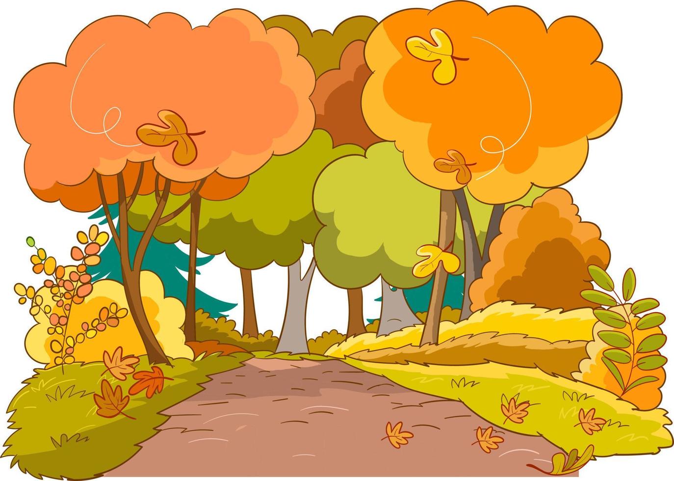 otoño temporada en un bosque iluminado con luz de sol dibujos animados vector