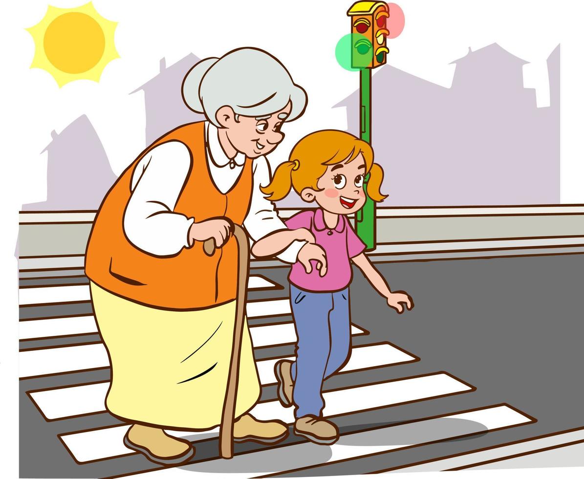 niño Ayudar antiguo mujer.anciana mujer y niño caminando en paso de peatones dibujos animados vector