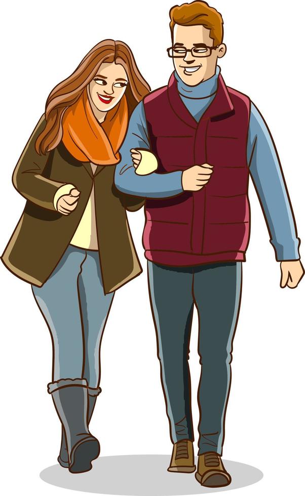 happy cute couple walking arm in arm cartoon vector